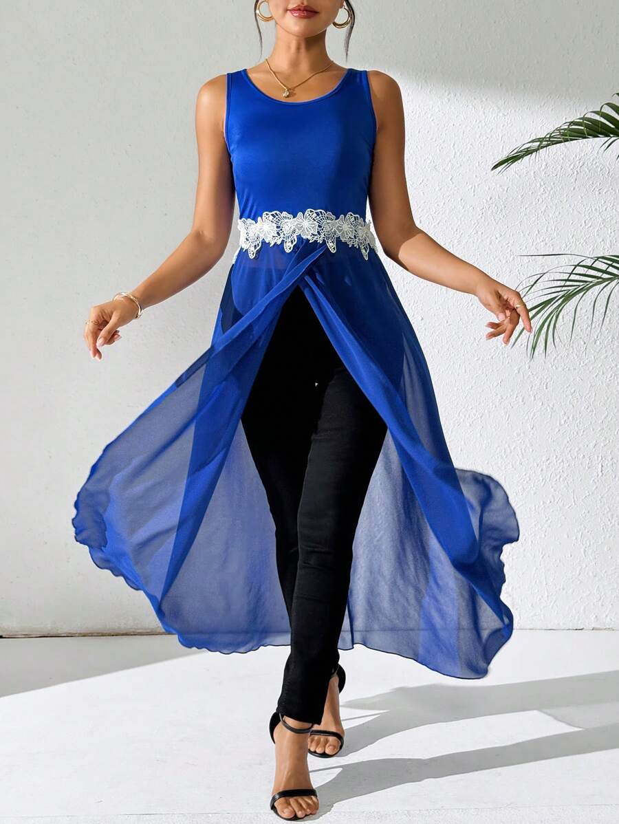 SHEIN Clasi Áo sát nách dáng dài thêu đắp cho nữ - Màu xanh lam - Xem 1