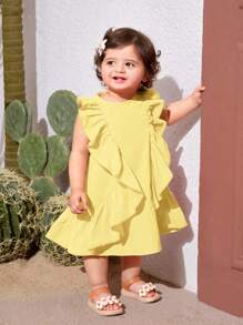 SHEIN Baby Girl Lovely Orange Ruffle Trim Vacation Dress, Summer - Yellow - View 5