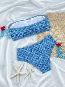 Swim Mod Bộ đồ bơi 2 món cho kỳ nghỉ xuân dành cho nữ, áo crop top hở vai in họa tiết hoa ngẫu nhiên và quần short cạp cao đi biển mùa hè - Màu xanh lam - Xem 3