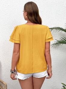 SHEIN VCAY 大码 V 领层叠荷叶边袖度假衬衫 - 黃色 - 查看 2