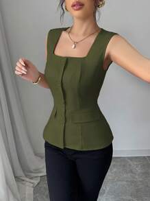Elenzga Áo sơ mi nữ cổ vuông không tay tối giản có trang trí túi giả, phong cách đi làm thanh lịch, mùa xuân/hè - xanh quân đội - Xem 3