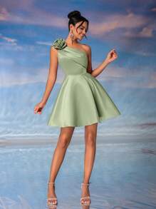 Lovelzi Elegant Luxurious Floral One-Shoulder Ruffle Mini Prom Dress, Party Dress, Wedding Guest Dress - Mint Green - View 3