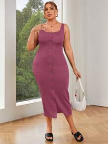 SHEIN Essnce 大码女式方领纽扣装饰下摆开叉条纹纹理吊带背心连衣裙