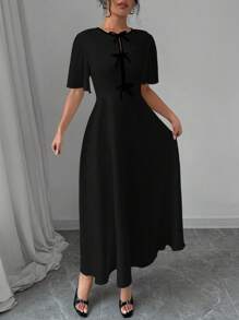 Rafferiza Elegant Color-Block Bow Decor Round Neck Waist Cinched Short Sleeve Solid Color Dress, Women Spring/Fall Long Dress - Black - View 4