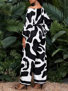 SHEIN Lady Conjunto de blusas y pantalones casuales elegantes para vacaciones de verano para mujer, prendas de playa y monos estampados en blanco y negro - Blanco y Negro - Ver 2