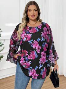 SHEIN CURVE+ 大码女式花卉印花喇叭袖雪纺上衣，优雅宽松，夏季，曲线加大码，波西米亚风度假海滩装，女士/海滩/海滩度假装/海滩必备品/毕业典礼/茶会