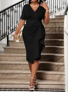 SHEIN Lady Spring And Summer Elegant White Elegant Retro Work Wedding Reception Valentine's Day New Year's Party Knitted Depp V Neck Rhinestone Ruffle New Arrival Slim Dress Plus Size Dress Formal Prom Dress Plus Size Dress,Formal Dresses For Women