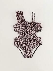 Baby Girl Cute Leopard Print Ruffled One-Piece Swimsuit,Asymmetric Neckline Cutout Waist Bathing Suit - Multicolor - View 5