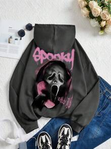 Tseoso Halloween Pumpkin Face Print Casual Minimalist Pattern Loose Fit Hoodie Sweatshirt For Women Back To School Fall And Winter Clothing