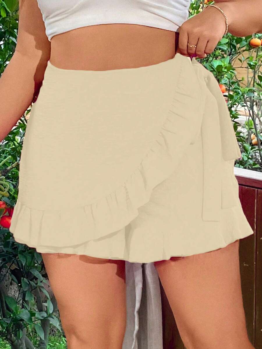SHEIN Holidaya Plus Size Women Summer Plain Ruffle Hem Wrap Casual Black Skort Black Skirt Womengirl Black Skirtblack Skirt - Khaki - View 1