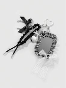 ROMWE Kawaii 1pc Y2K Retro Gothic Fashion Handcrafted Beaded Silver CCB Dripping Oil Heart Lace Bow Plaid Lanyard ID Card Holder DIY Keychain Bag Pendant, Suitable For Office Workers, Students, Daily Wear And Gifts