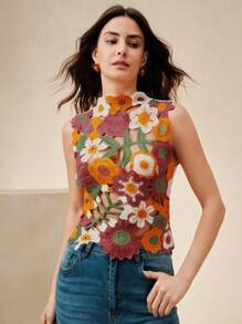 Anewsta 女士优雅沙滩休闲上衣，修身彩色不对称花卉钩编罩衫，适合沙滩、春季、夏季、节日、度假等场合。 - 彩色 - 查看 7