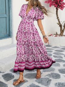 EMERY ROSE Women's French Style Commute Casual Vacation Blue & White Floral Patterned V-Neck Cinched Waist Flare A-Line Flounced Short Sleeve Dress, Spring/Summer - Hot Pink - View 3