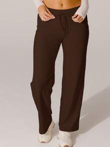 Aralina Soft Knit Texture High-Waisted Lounge Pants - Chocolate Brown - View 8
