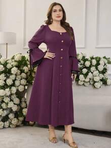 Modelyn 长袖蕾丝蝴蝶结纯色阿拉伯长袍连衣裙 - 紫色 - View 6