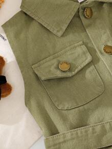 SHEIN Young Girls Summer Sleeveless Denim Dress With Shirt Collar And Pockets, Fashionable Denim Princess Dress, Suitable For Casual Outing Or Party Outfit, Spring Dress - Olive Green - View 5