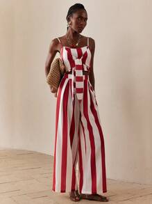 SHEIN Lady 女士两件套条纹前系带吊带背心和裤子，时尚