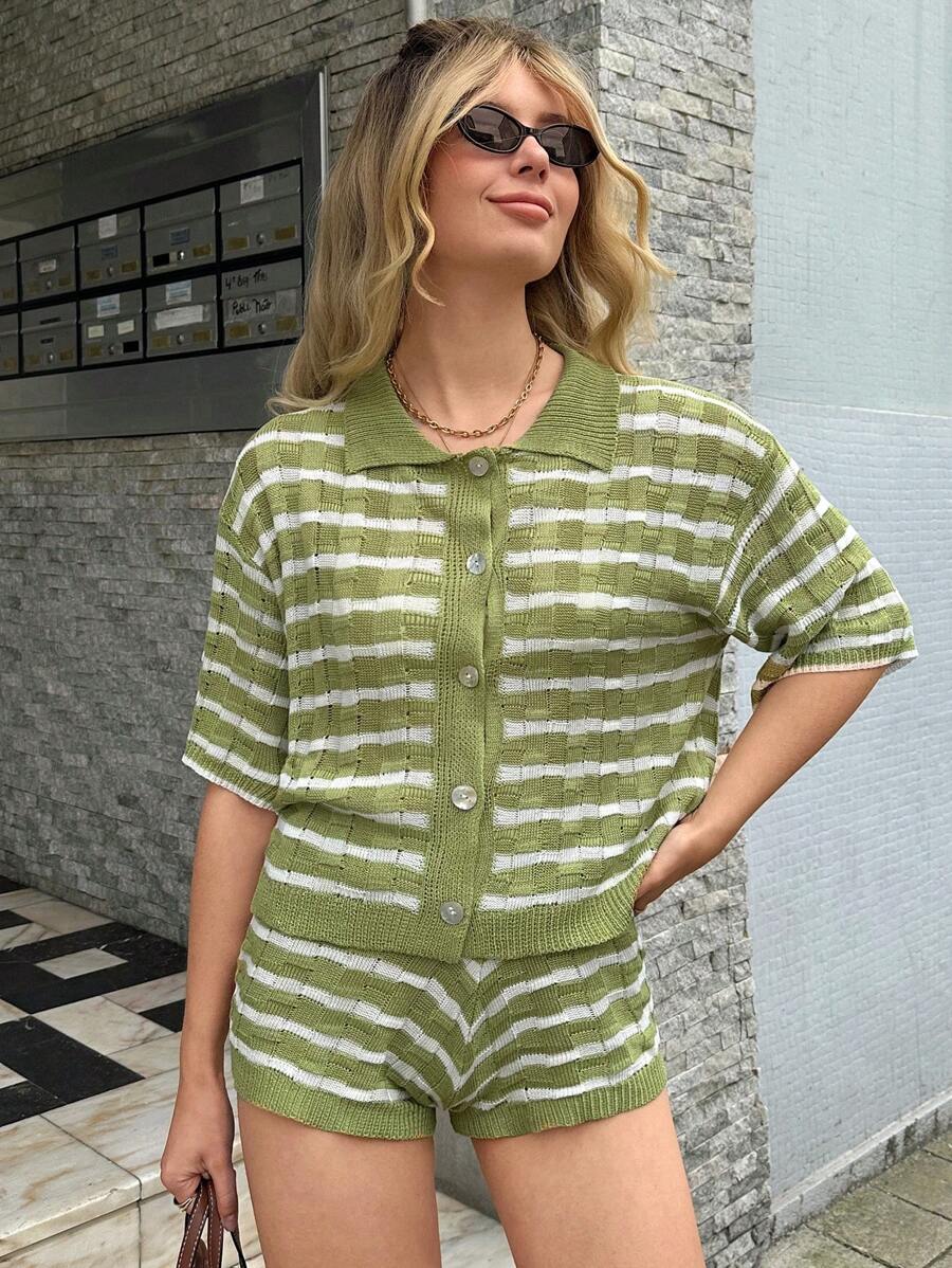 SHEIN Forever 21 女士夏季休闲撞色条纹开衫 - 彩色 - 查看 1