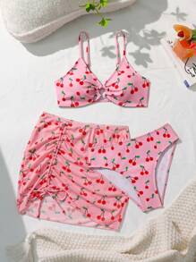 Women Pink Casual Elegant Cherry Blossom Print Swimsuit Set, Random Print Pattern For Summer Beach Vacation - Pink - View 3