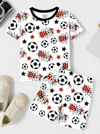 SHEIN Leap Crew Toddler/Young Boy Sports Theme Casual Minimalist Snug Fit Short Sleeve Tee & Shorts Set, Comfortable For Spring/Summer