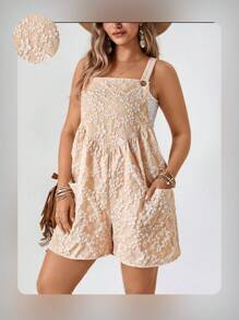 SHEIN LUNE 大码女式波西米亚风夏季卡其色提花面料无袖吊带裤带侧袋专为日常休闲连体裤设计 - 卡其色 - 查看 5