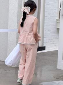 Dazy Kids 2 Stücke Set für Tween Mädchen mit gewebter Spitze Patchwork Bluse mit rundem Ausschnitt und langer Hose, Sommer