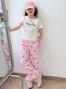 DAZY 2 Stücke Tween Mädchen Herbstkleidung Set: Tween Mädchen Rundausschnitt gestricktes Shirt mit Allover-Muster Kurzarm + Schleifenmuster Webstoff Lange Hose, Frühling/Sommer, Schulanfang Kleidung