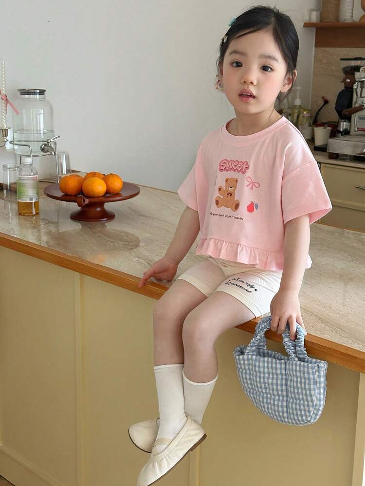 2pcs/Set Girls Young Girl Knitted Floral Print Short Sleeve T-Shirt + Letter Print Skinny Leggings, Summer Sets