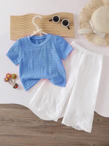 Girls Ruffle Design Short Sleeve Top And Pants Set - Blue - View 1