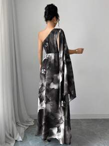 Selianne 随机剪裁花卉印花优雅腰部扭结设计女士无袖连衣裙，时尚度假装 - 灰色 - 查看 2