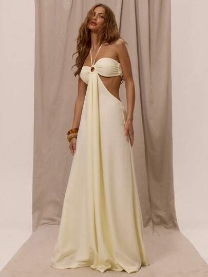MUSERA Halterneck Strap Bandeau O Ring Detail Extreme Wide Leg Jumpsuit Maxi Draped Cut Out Sides Open Back Maxi Long Floor Length Loose Fit Vacation Boho Western Spring Summer Vacation Beachwear Elegant Ibiza Holiday Wedding Guest Date Night Sexy Evening Bohemian Autumn Winter Pale Yellow Christmas