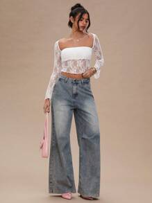 SHEIN BAE Women's Sexy Burgundy Lace Sheer Simple Blouse, Suitable For Date Night, Girlfriends Gathering, Birthday Party, Cocktail Party, Valentine's Day, Nightclub, Holiday Party - White - View 3