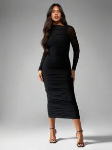MISSGUIDED Elegant Mesh Long Sleeve Ruched Bodycon Midi Dress Party Evening Special Occasion Form-Fitting Fall Winter Dress - Black - View 4