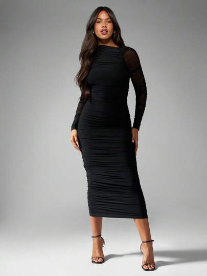 MISSGUIDED Form-Fitting Bodycon Ruched Mesh Long Sleeve Midi Dress MISSGUIDED