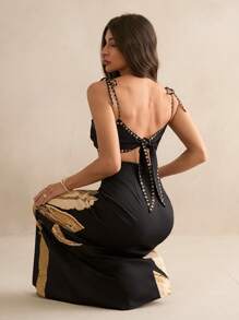 SHEIN Tall 女士波西米亚风香蕉树印花镂空腰后绑带无袖黑色连衣裙，假日休闲夏装 - 黑色 - 查看 2