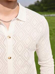 Manfinity Homme Men's Solid Color Geometric Hollow Out Knit Cardigan Summer Cloths For Men Knit Shirt Men Button Up Style Men