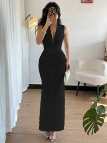 Rafferiza 女式纹理合身性感束腰美人鱼长裙 - 黑色 - 查看 5