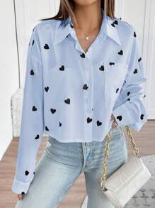 Chiquease Women's Valentine's Day Heart Print Short Front Long Back Blouse Fall Cloth For Women - Blue - View 5