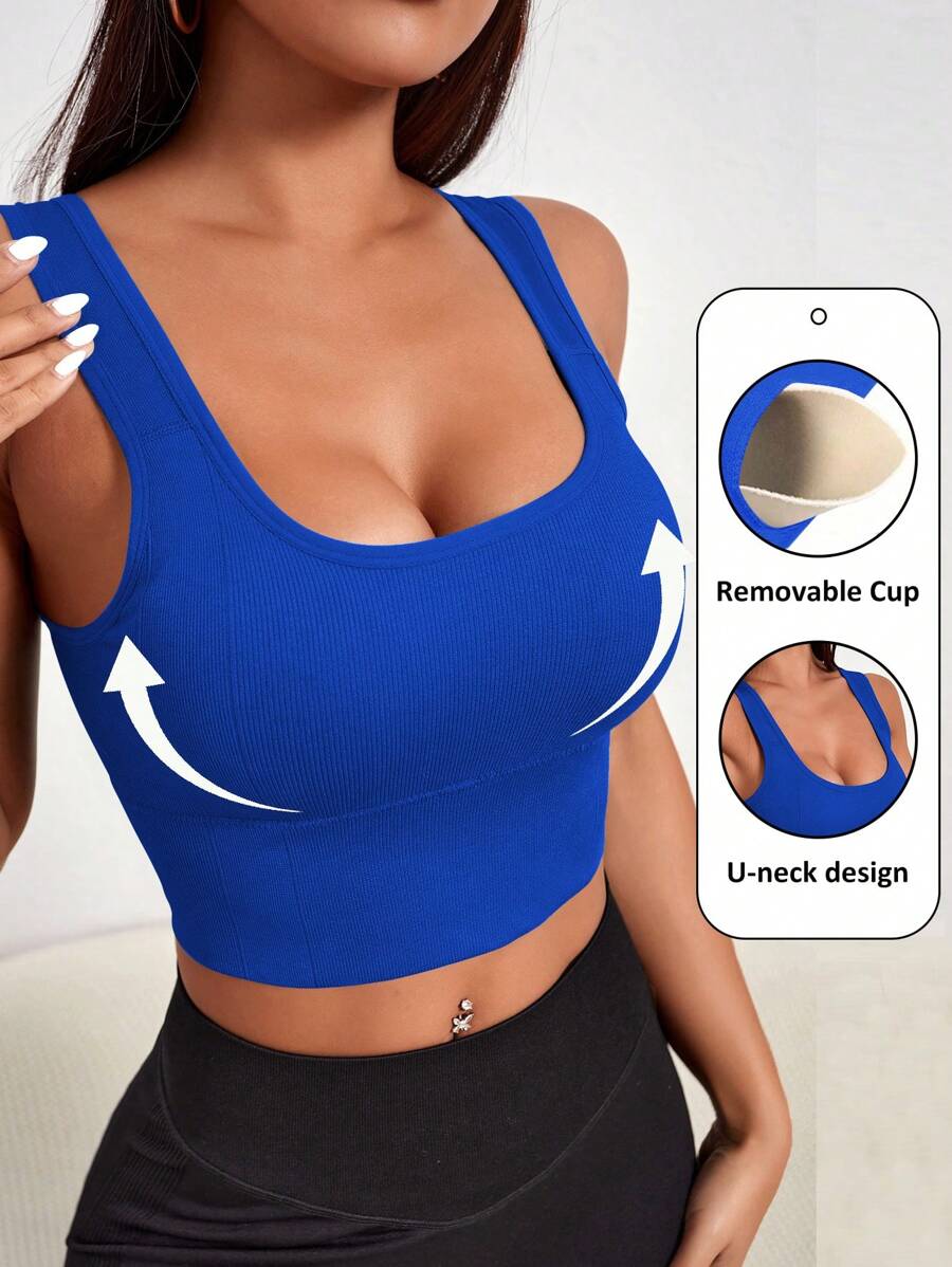 Slayform Slayform Top deportivo acortado de costillas sólido sin costuras para rutinas diarias de fitness para mujer - azul real - Ver 1