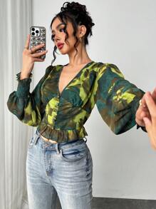 Chiquease Floral Print Lantern Sleeve Ruffle Hem Blouse Peplum Top - Teal Blue - View 1