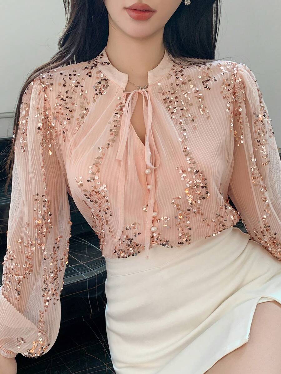 DAZY Women's Elegant Pleated Sequin Decorated Tie Front Long Sleeve Blouse, Summer Luxury - Pink - View 1