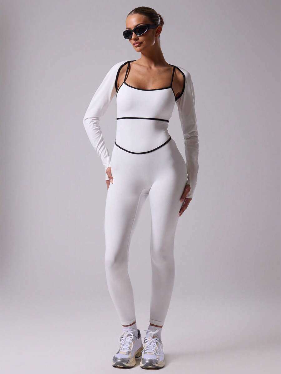Musera Sport 撞色饰边缝线细肩带修身吊带运动连体衣，适合板网球、网球、匹克球健身 - 白色 - 查看 1