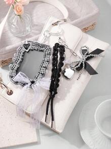 ROMWE Kawaii 1pc Y2K Retro Gothic Fashion Handcrafted Beaded Silver CCB Dripping Oil Heart Lace Bow Plaid Lanyard ID Card Holder DIY Keychain Bag Pendant, Suitable For Office Workers, Students, Daily Wear And Gifts