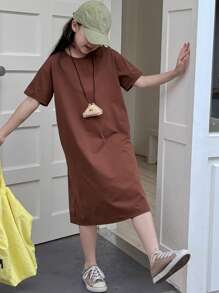 Dazy Kids Tween Girls Summer Round Neck Knitted Short Sleeve Dress - Coffee - View 3