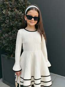 SHEIN Tween Girls 优雅拼布对比黑色滚边饰边分层下摆喇叭长袖连衣裙，秋冬连衣裙，适合秋冬季休闲日常穿着和学校日常穿着，返校 - 杏色 - 查看 11