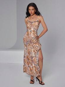 Roylia Women Leopard Print Spaghetti Strap Ruffle Hem High Split Dress - Multicolor - View 7