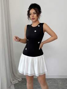 Elenzga Women's Round Neck Sleeveless Sequin Decor Chiffon Patchwork A-Line Mini Dress, Spring/Summer - Black and White - View 5