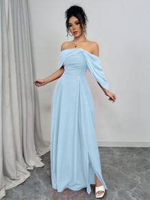 Rafferiza Vestido con hombros descubiertos, cuello fruncido, cintura retorcida y volantes - Azul - Ver 5