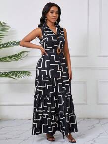 Lyxana Vestido cruzado con volantes escalonados y estampado geométrico sin mangas, elegante para damas