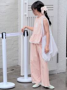 Dazy Kids 2 Stücke Set für Tween Mädchen mit gewebter Spitze Patchwork Bluse mit rundem Ausschnitt und langer Hose, Sommer